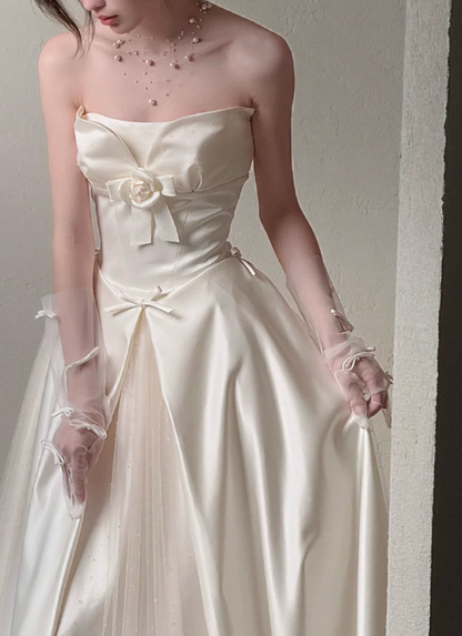 Elegant Strapless A-Line Long Luxury Wedding Dresses Tulle Satin Simple Bridal Dresses DP2978