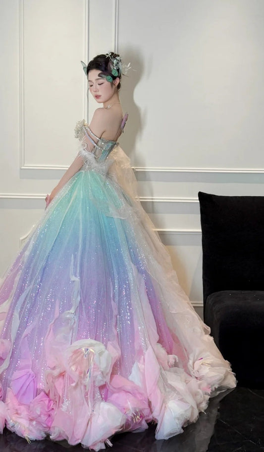 Gorgeous Off-the-shoulder A-line Tulle Beaded Long Prom Dresses, Formal Evening Dresses in Colorful DP3010