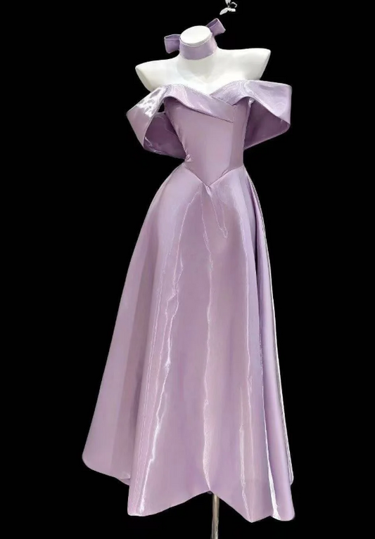 Elegant Off-shoulder A-Line Satin Prom Dresses, Purple Formal Evening Dresses DP3143