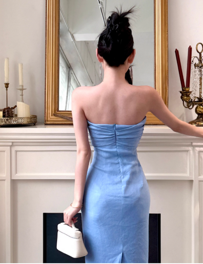 Elegant Strapless Sheath Satin Long Prom Dresses,Blue Formal Evening Dresses DP3150