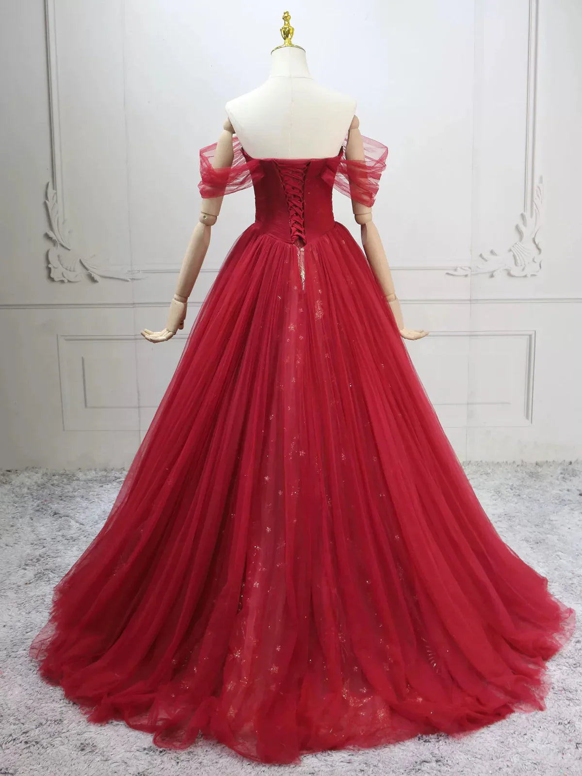 Elegant Off-Shoulder A-Line Tulle Long Prom Dresses, Burgundy Formal Evening Dresses DP3161