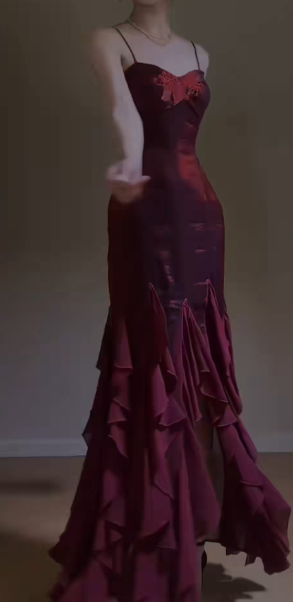 Elegant Spaghetti Strap Sheath Long Prom Dresses Burgundy Evening Dresses DP3188