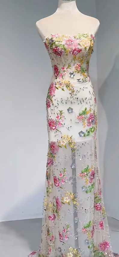 Glam Strapless Sheath Long Prom Dresses Floral Formal Dresses DP3192