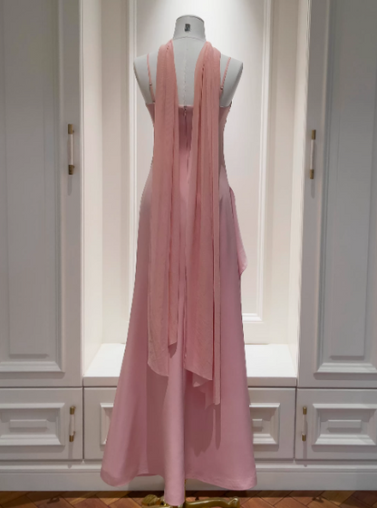Glam Spaghetti Strap Sheath Evening Dresses Pink Bridesmaid Dresses Chiffon Wedding Guest Dresses DP3206