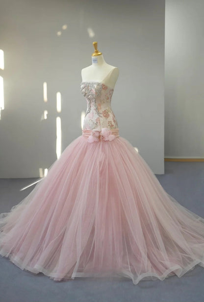 Fairy Strapless Mermaid Long Prom Dresses, Beaded Tulle Pink Evening Gowns DP3221