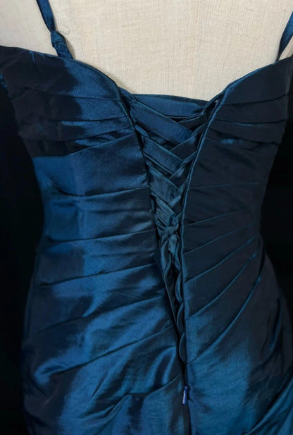Chic Satin Spaghetti Strap Sheath Long Prom Dresses, Navy Blue Evening Gowns DP3222