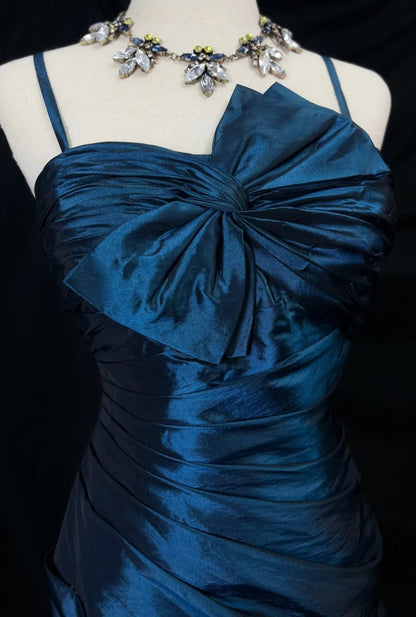 Chic Satin Spaghetti Strap Sheath Long Prom Dresses, Navy Blue Evening Gowns DP3222