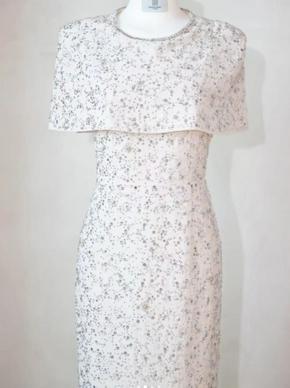 Glam Jewel Sheath Mother of the Bride Dresses with shawl, sequins White Evening Dresses DP3235