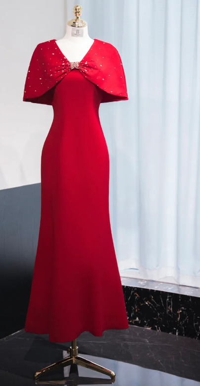 Elegant V neck Mermaid Mother of the Bride Dresses, Burgundy Evening Gowns DP3236