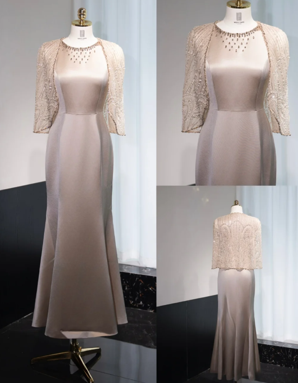Elegant Jewel Mermaid Mother of the Bride Dresses with Cape, Light Brown Satin Evening Dresses DP3239