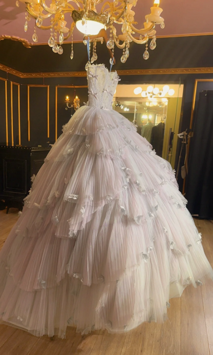 Cute Strapless Ball Gowns Light Pink Tulle Long Quinceanera Dress Formal Gowns Vestido De 15 Anos Sweet 16 Dress DP3243