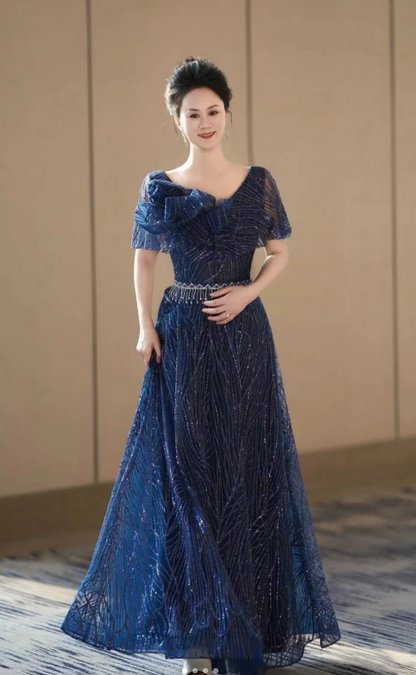 Elegant Sheath Navy Blue Mother of the Bride Dress Tulle Sequins Evening Gown DP3264