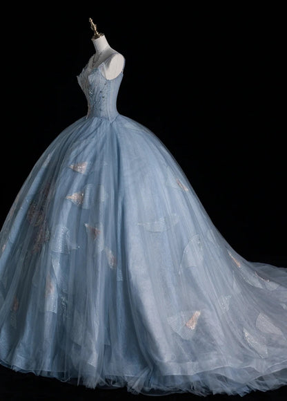 Gorgeous Spaghetti Strap A-Line Long Prom Dresses Tulle Sequined Gray Blue Evening Dresses DP3343