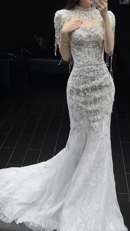 Gorgeous Mermaid Wedding Dresses with Train Beading Tulle Bridal Gowns Short Sleeve Bridal Dresses DP3353