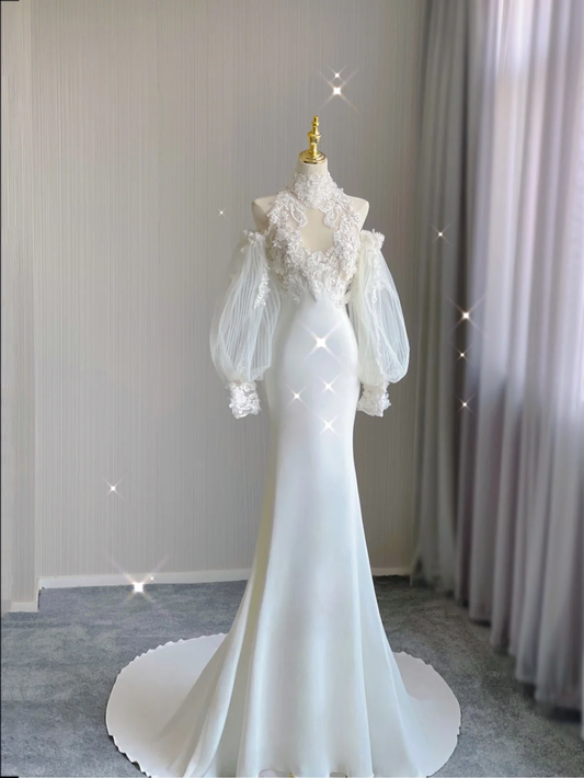 Classy Elegant Mermaid High Neckline Long Sleeves Lace Satin Wedding Dresses Brides Dress DP345
