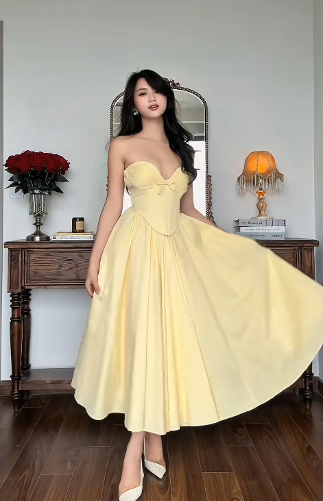 Elegant Sweetheart Neck Sheath Long Prom Dresses Satin Yellow Wedding Guest Dresses DP3685