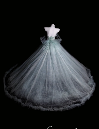 Fairy Off-the-Shoulder Ball Gown Long Prom Dresses Tulle Light Green Quinceanera Dresses Sweet 16 Dresses DP3689