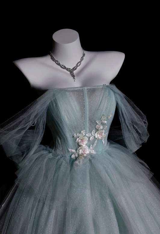 Fairy Off-the-Shoulder Ball Gown Long Prom Dresses Tulle Light Green Quinceanera Dresses Sweet 16 Dresses DP3689