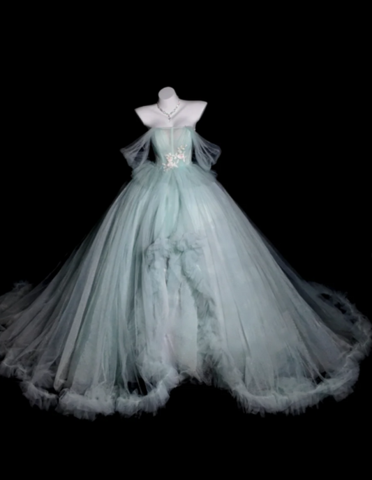 Fairy Off-the-Shoulder Ball Gown Long Prom Dresses Tulle Light Green Quinceanera Dresses Sweet 16 Dresses DP3689