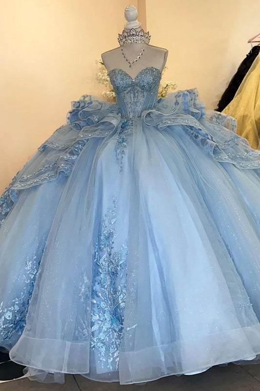 Fairy Sweetheart Neck Ball Gown Long Prom Dresses Tulle Applique Blue Quinceanera Dresses Sweet 16 Dresses DP3690