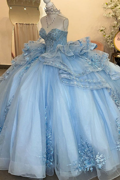 Fairy Sweetheart Neck Ball Gown Long Prom Dresses Tulle Applique Blue Quinceanera Dresses Sweet 16 Dresses DP3690