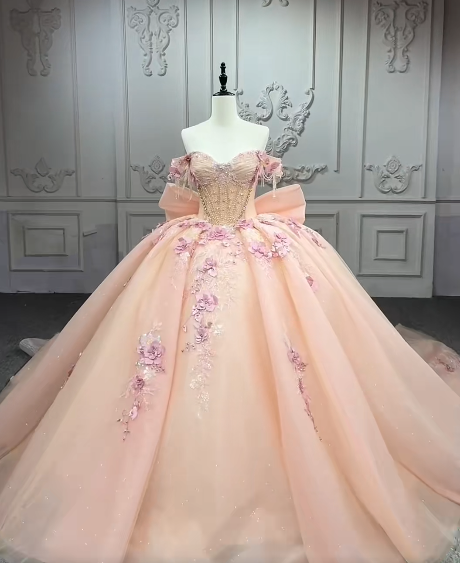 Fairy Off-the-Shoulder Ball Gown Long Prom Dresses Tulle Appliques Orange Pink Quinceanera Dresses Beading Sweet 16 Dresses DP3691