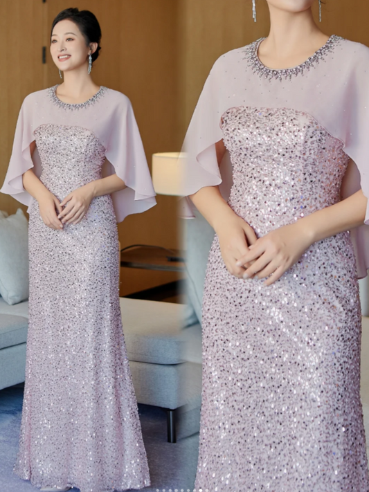 Glam Jewel Sheath Light Purple Mother of the Bride Dress Sequin Light Purple Evening Dress with Shawl DP3709