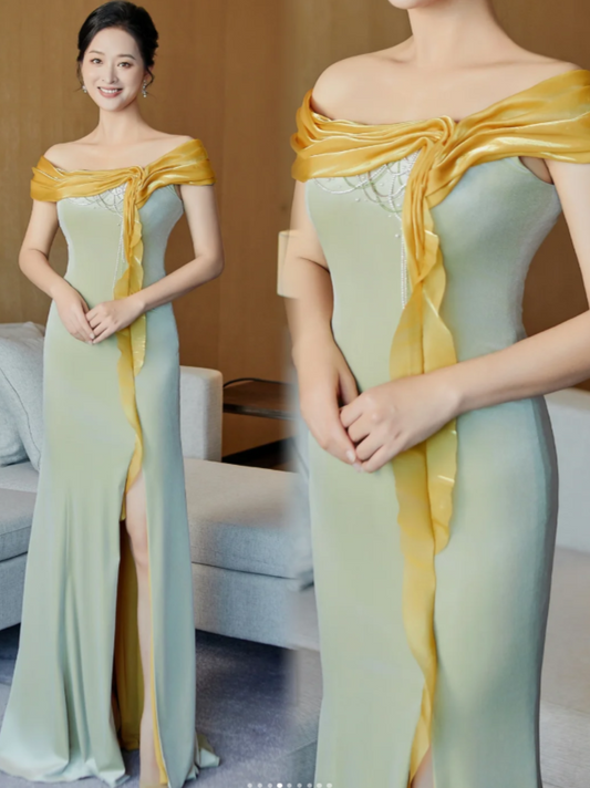 Glam Off-the-shoulder Sheath Green Mother of the Bride Dress Satin Green Evening Dress DP3710