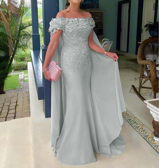 Glam Off-the-shoulder Mermaid Green Mother of the Bride Dress Chiffon Applique Green Evening Gown DP3711