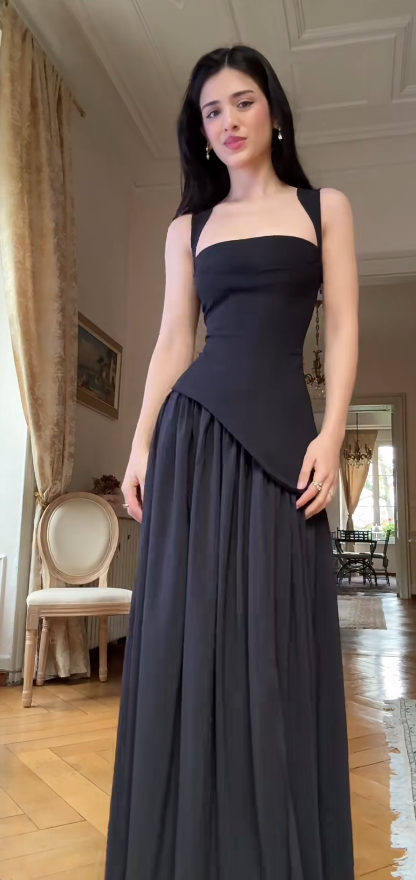 Chic Strap Sheath Long Prom Dresses Chiffon Black Evening Dresses Sleeveless Formal Dresses DP3722