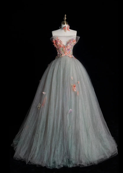 Cute Strapless A-line Long Prom Dresses Tulle Light Green Evening Dresses Sweet 16 Dress DP3729