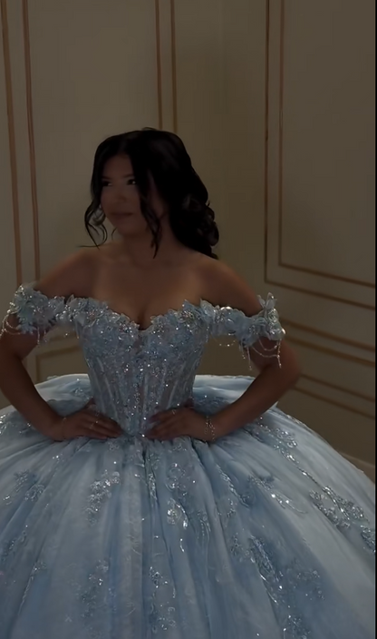 Glam Off-the-Shoulder Ball Gown Tulle Long Prom Dresses Applique Blue Quinceanera Dresses Sweet 16 Dress DP3753