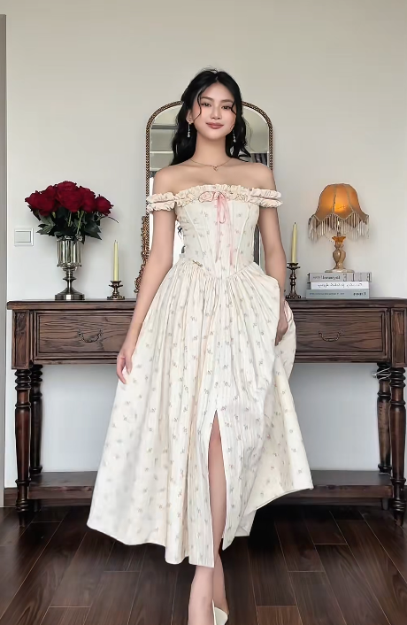 Elegant Off-the-shoulder A-Line Formal Dresses Satin Floral Wedding Guest Dresses DP3757