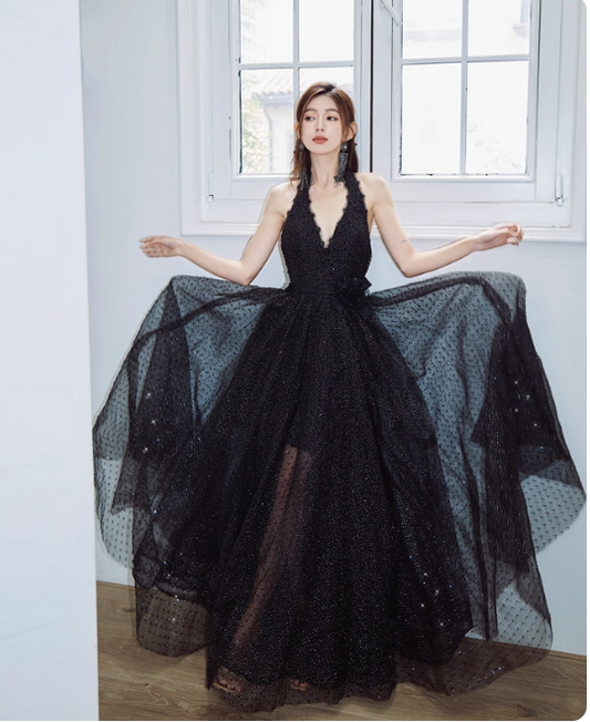 Elegant Vneck A-line Black Long Evening Dresses Sequin Tulle Black Birthday Dresses DP3780