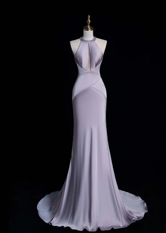 Elegant Halter Mermaid Long Prom Dress Satin Gray-Purple Evening Dress DP3785