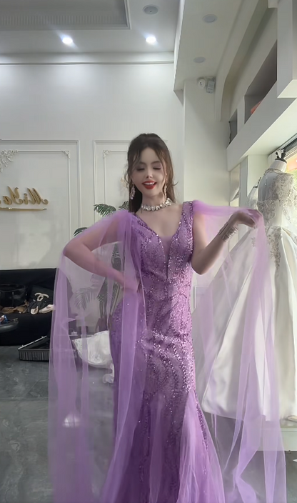 Elegant Mermaid Purple Long Prom Dresses Tulle Purple Wedding Guest Dresses DP3828