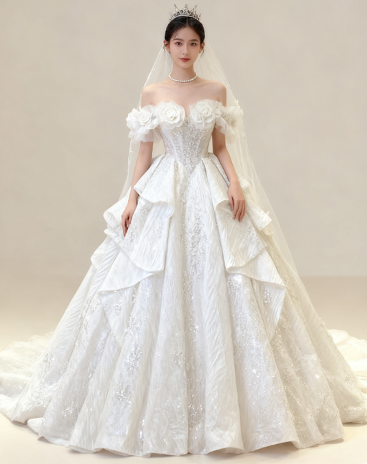 Gorgeous Off-the-shoulder Ball Gown Tulle Long Wedding Dresses Beaded White Bridal Gowns Short Sleeve Bridal Dresses DP3862