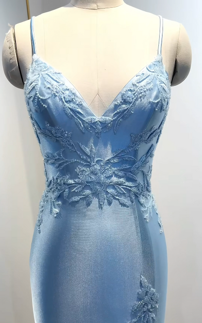 Elegant Spaghetti Strap Sheath Blue Long Prom Dresses Satin Beaded Applique Blue Evening Dresses DP3872