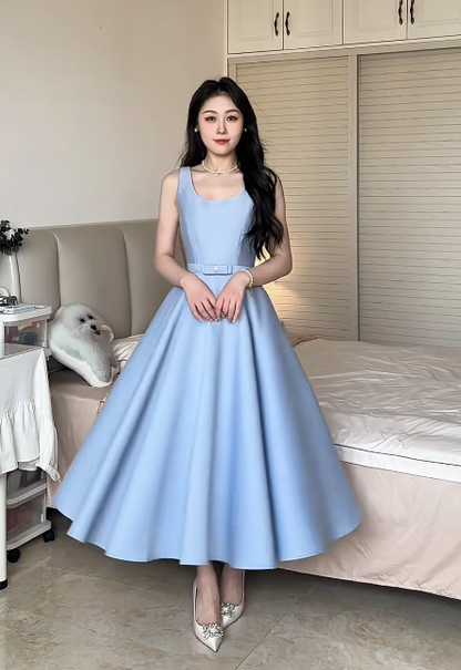 Elegant Spaghetti Strap A-Line Blue Wedding Guest Dresses Sleeveless Satin Mother of the Bride Dress DP3948