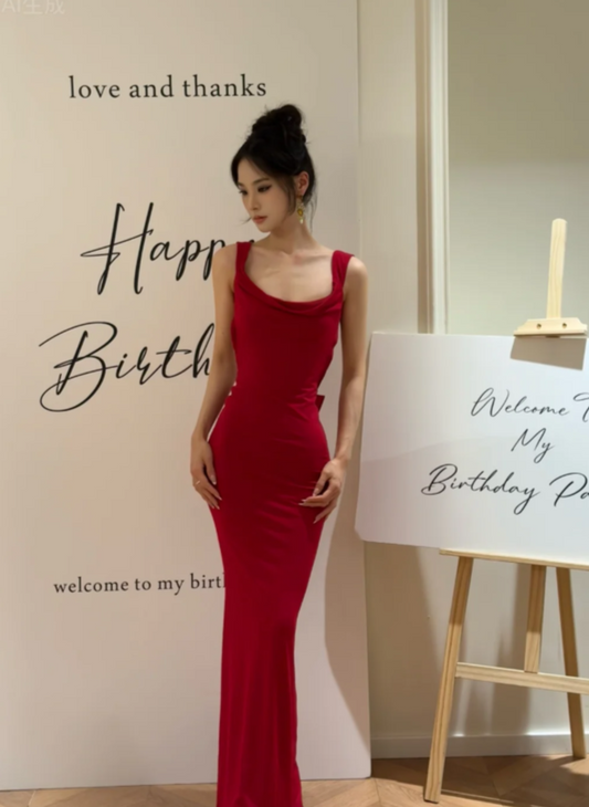 Chic Straps Sheath Red Long Prom Dresses Satin Red Birthday Dresses with Open Back DP3970