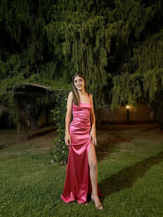 Chic Straps Sheath Long Prom Dresses Satin Pink Evening Dresses Sleeveless Birthday Dresses DP4291
