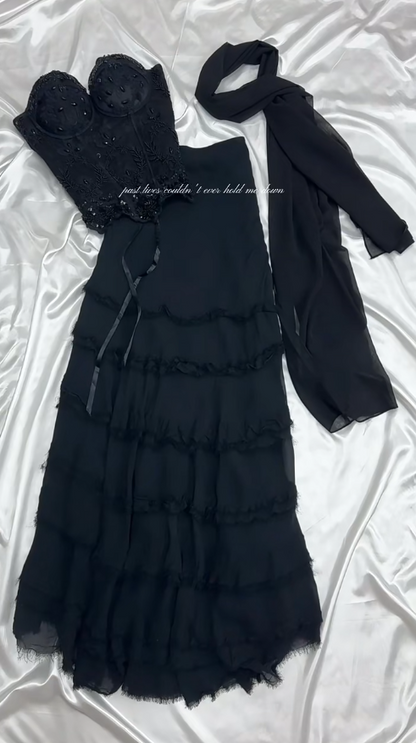 Elegant Strapless Sheath Long Prom Dresses Chiffon Black Evening Dresses Sleeveless Formal  Dresses DP4294