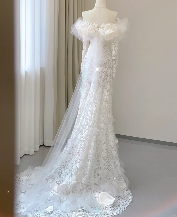 Classy Elegant Mermaid Off The Shoulder White Long Sleeves Flowers Wedding Dresses Brides Dress DP458