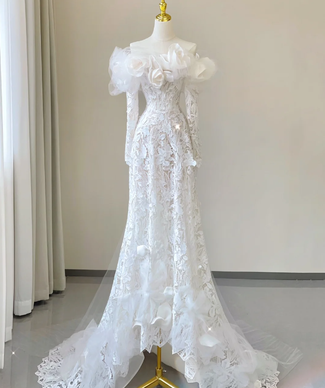 Classy Elegant Mermaid Off The Shoulder White Long Sleeves Flowers Wedding Dresses Brides Dress DP458