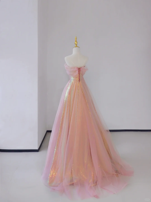 Gorgeous A Line Sweetheart Sleeveless Sequin Pink Long Prom Dresses Graduation Dresses DP502