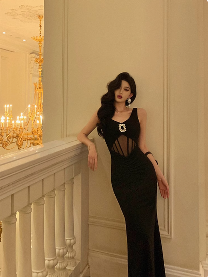 Cute Mermaid V Neckline Black Sleeveless 18th Birthday Dress Party Gown Birthday Outfits Birthday Dress Ideas For Women DP538