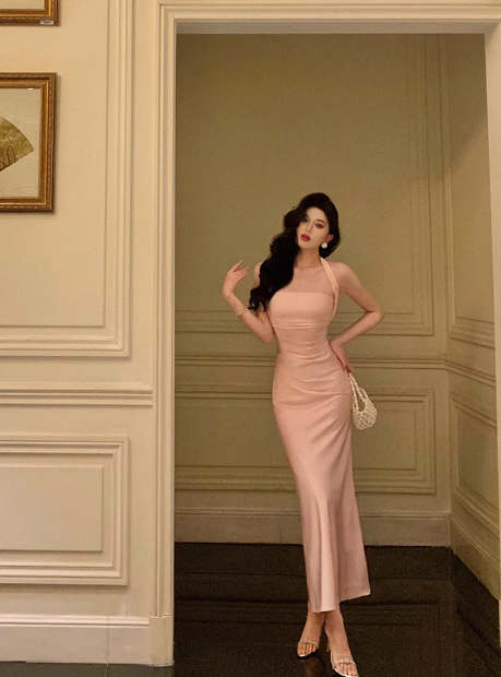 Elegant Sheath Halter Pink Satin Sleeveless 21st Birthday Dress Party Gown Birthday Outfits Birthday Dress Ideas For Women DP542