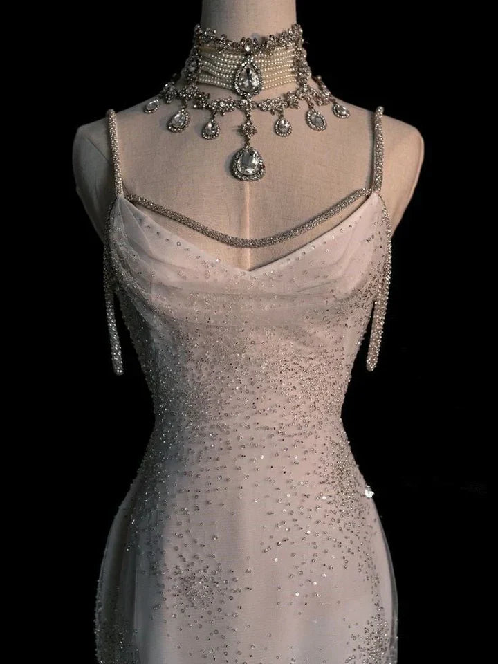 Chic White Mermaid Sequins Long Pleats Backless Wedding Dress Bridal Gowns DP621