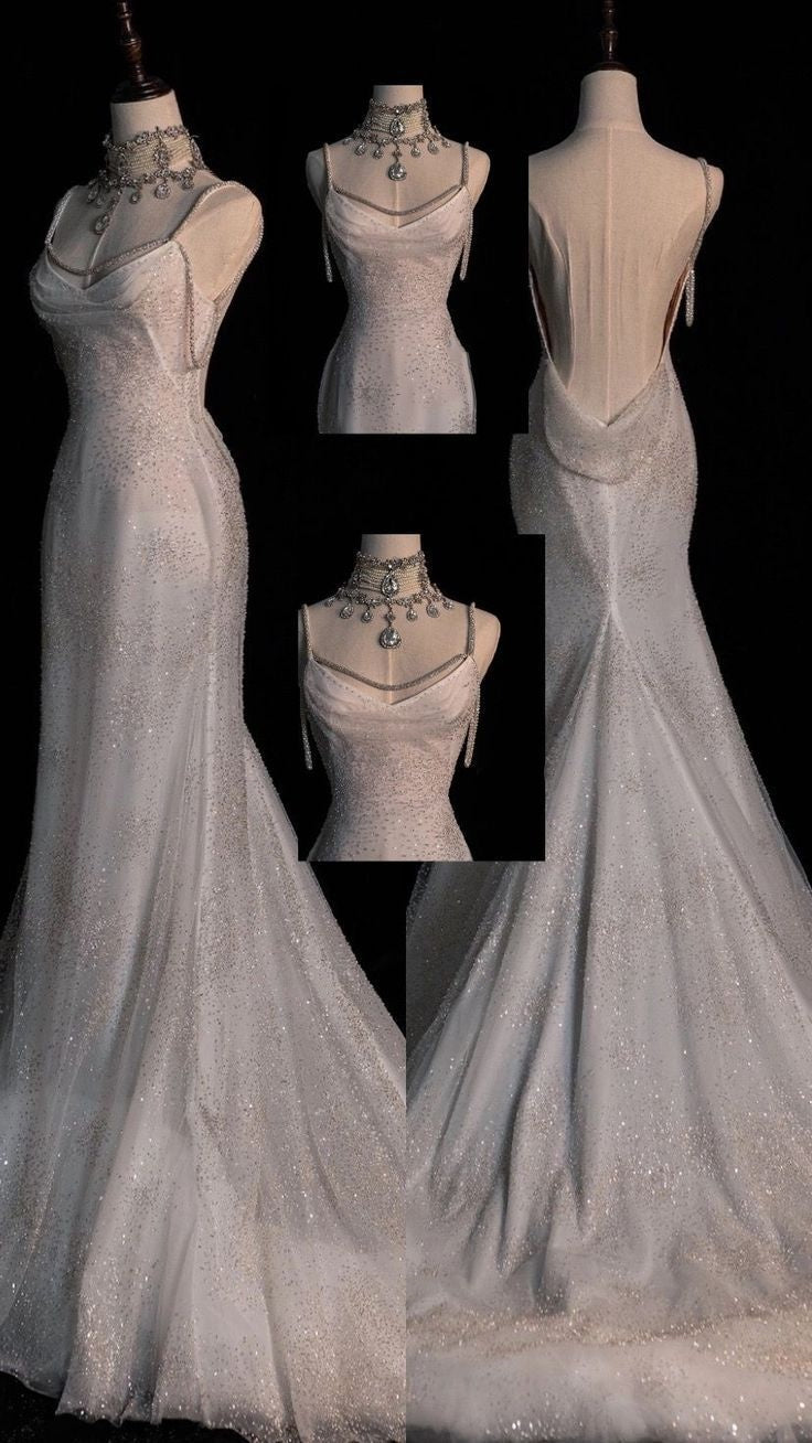 Chic White Mermaid Sequins Long Pleats Backless Wedding Dress Bridal Gowns DP621