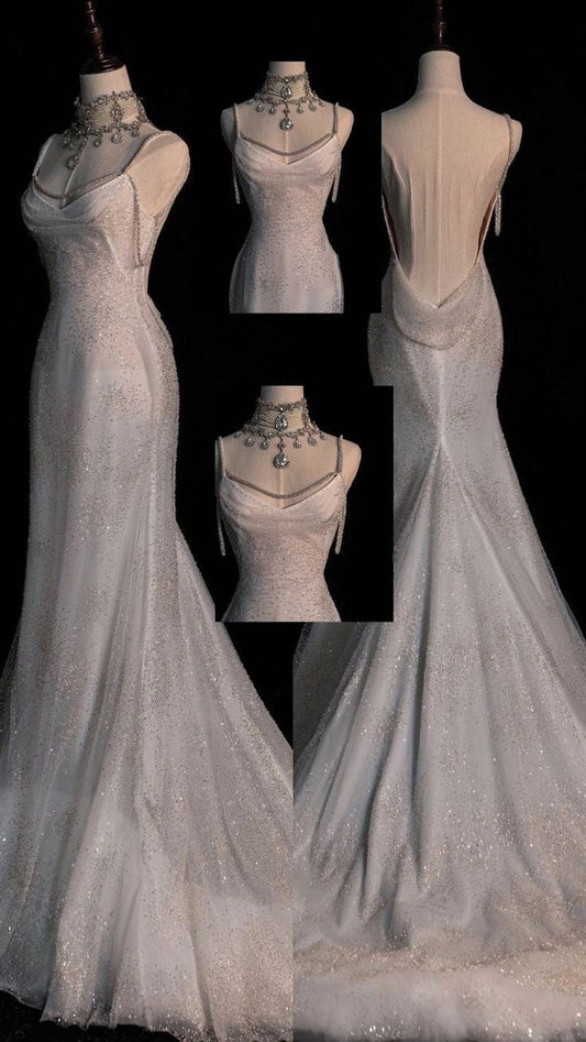 Chic White Mermaid Sequins Long Pleats Backless Wedding Dress Bridal Gowns DP621